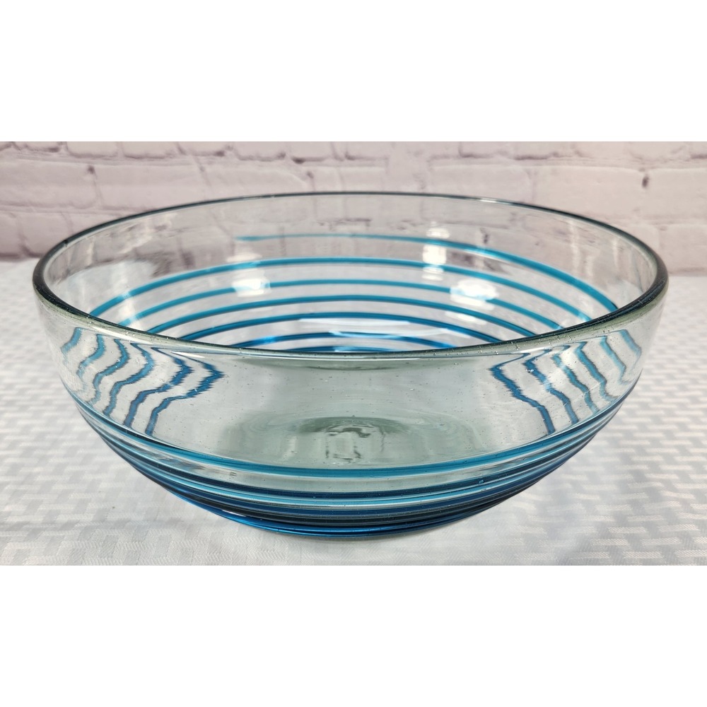Blenko Hand Blown Clear Glass Cobalt Blue Spiral Bowl Spectacular!